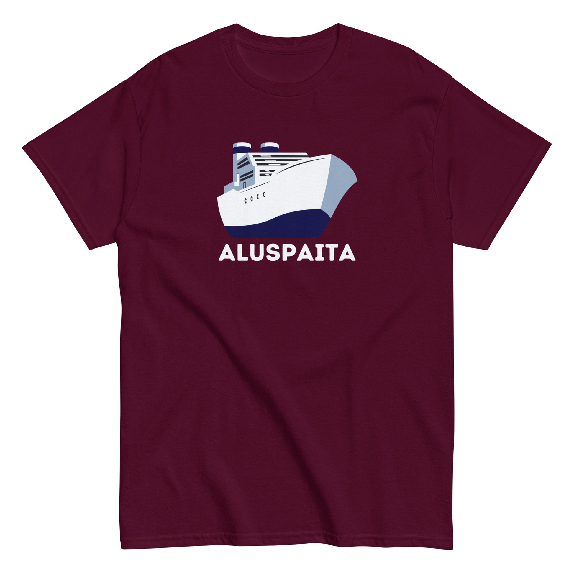 Bordeaux-värinen Meemirotta aluspaita t-paita, jossa on laivan kuva ja teksti aluspaita.
