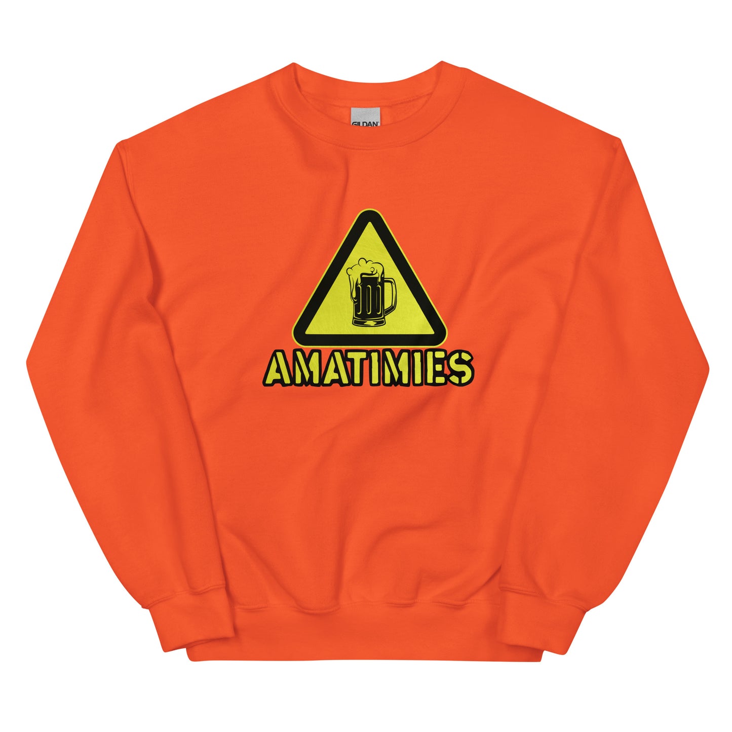 Oranssi amatimies collegepaita olutkuvalla ja varoitusmerkillä.