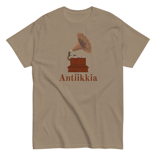 Beige antiikkiaiheinen t-paita, jossa on vanha gramofoni ja teksti Antiiikkia