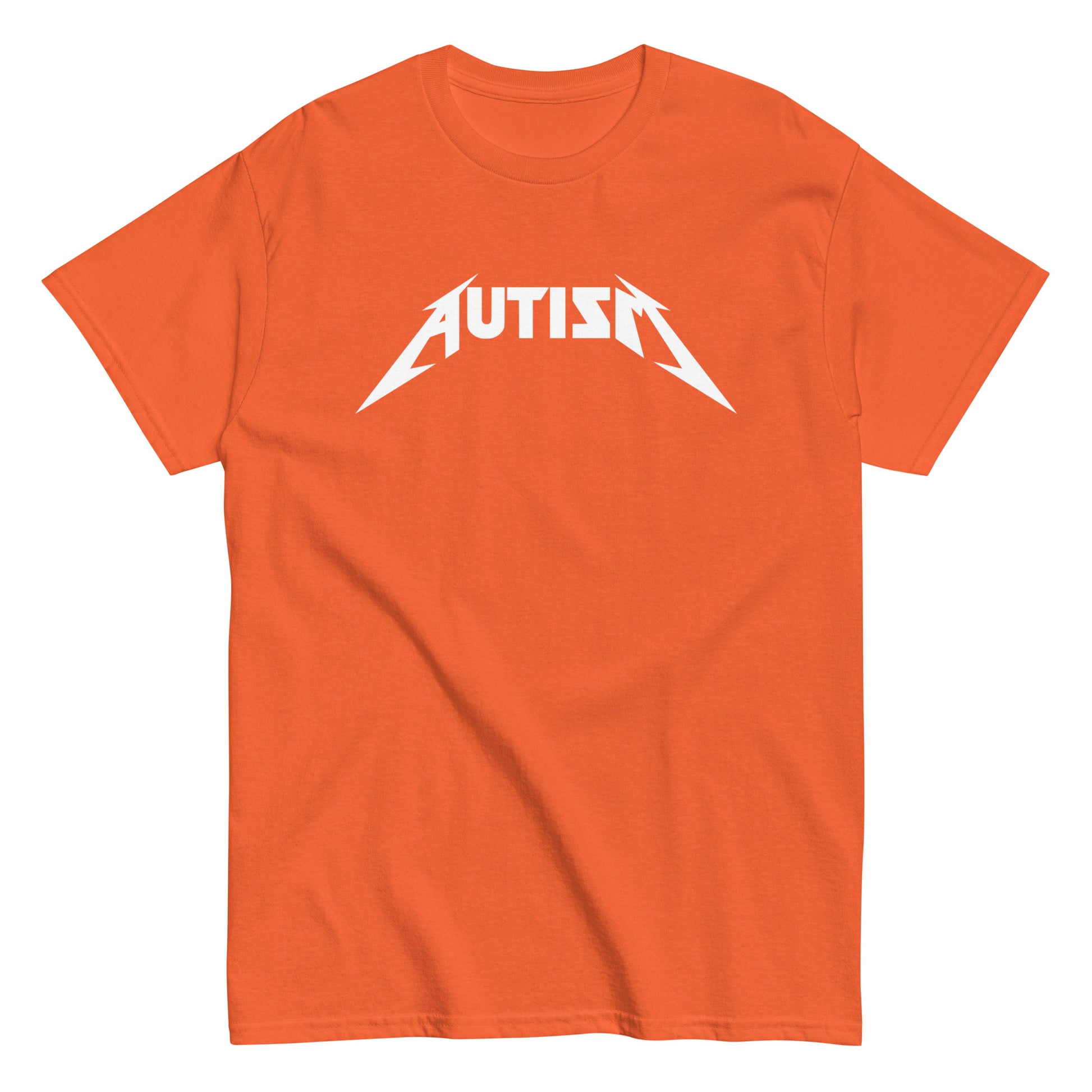 Oranssi autism t-paita, jossa on metallimusiikin tyyliin suunniteltu AUTISM-teksti.