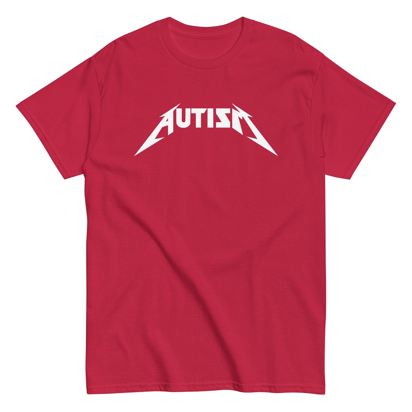 Punainen autism t-paita, jossa valkoinen AUTISM-tulostus tyylikkäällä fontilla