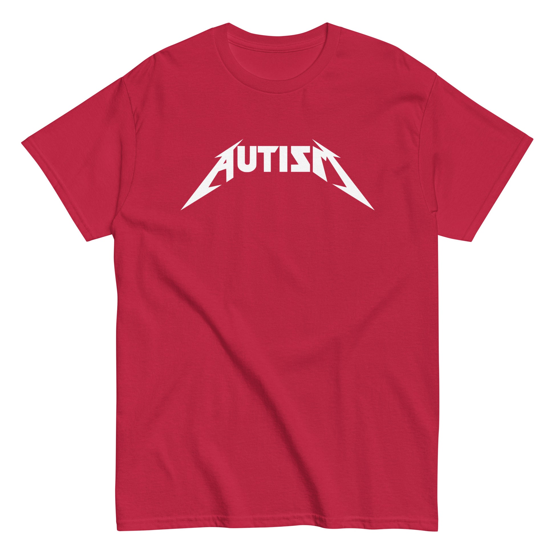 Punainen autism t-paita, jossa valkoinen AUTISM-tulostus tyylikkäällä fontilla