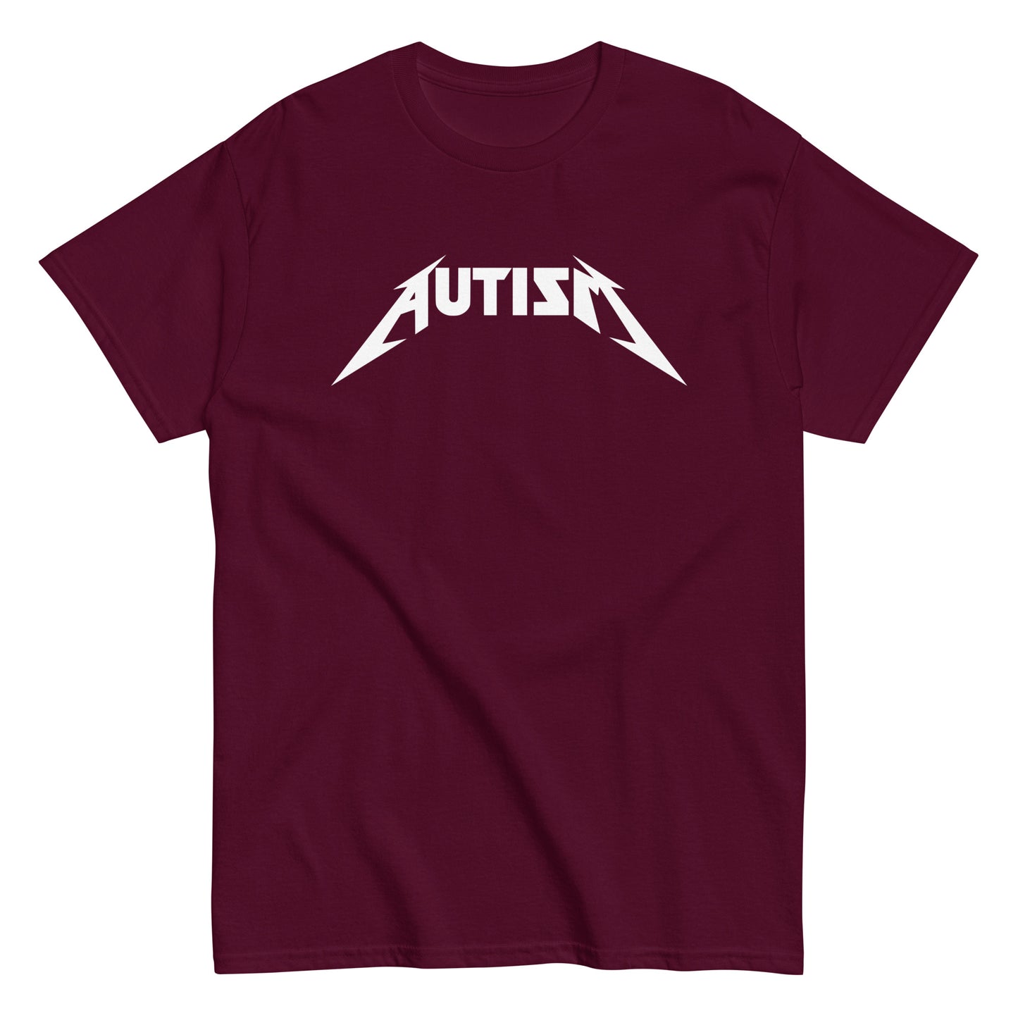Meemirotta autism t-paita tummanpunaisella taustalla ja valkoisella tekstillä
