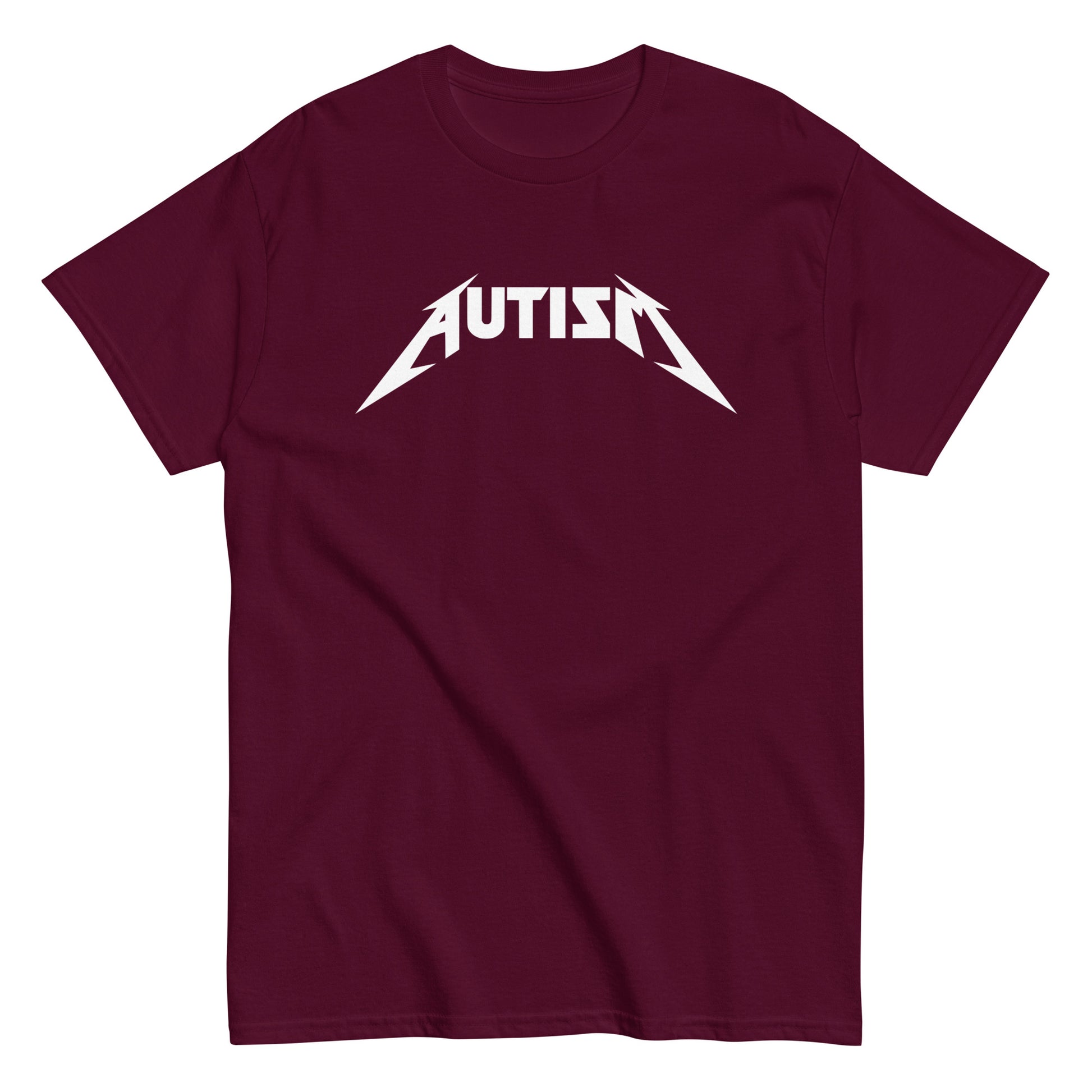 Meemirotta autism t-paita tummanpunaisella taustalla ja valkoisella tekstillä