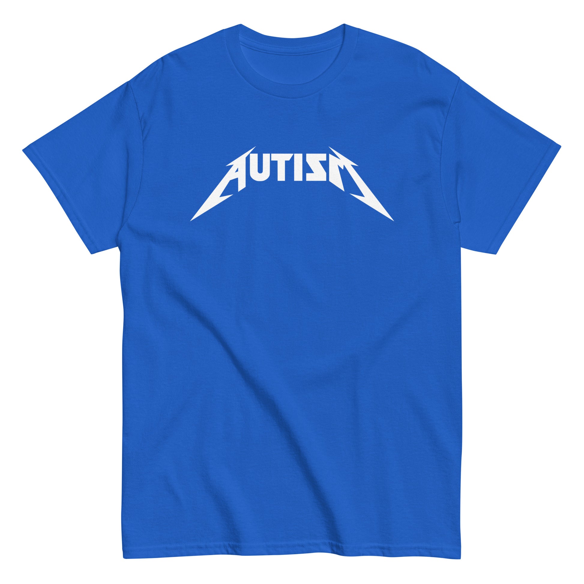 Meemirotta autism t-paita kirkkaan sininen, jossa valkoinen AUTISM-tulostus edessä