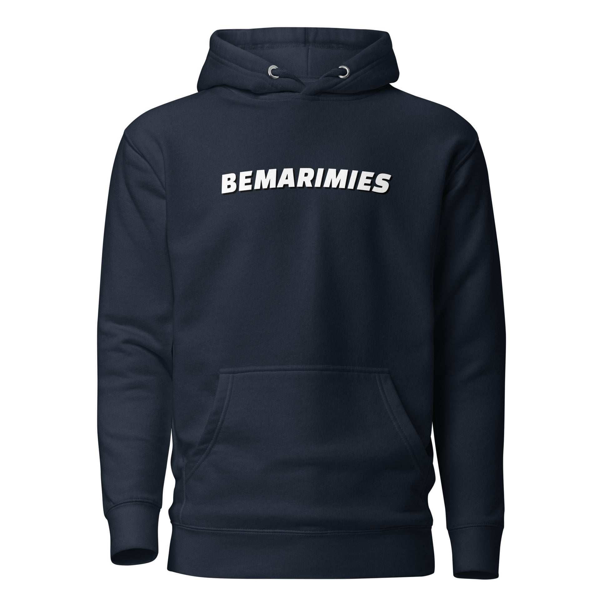Meemirotta bemarimies huppari tummansinisellä taustalla ja valkoisella tekstillä edessä