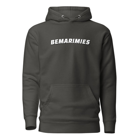 Tummanharmaa bemarimies huppari, jossa on valkoinen teksti edessä ja kangaskangasta.