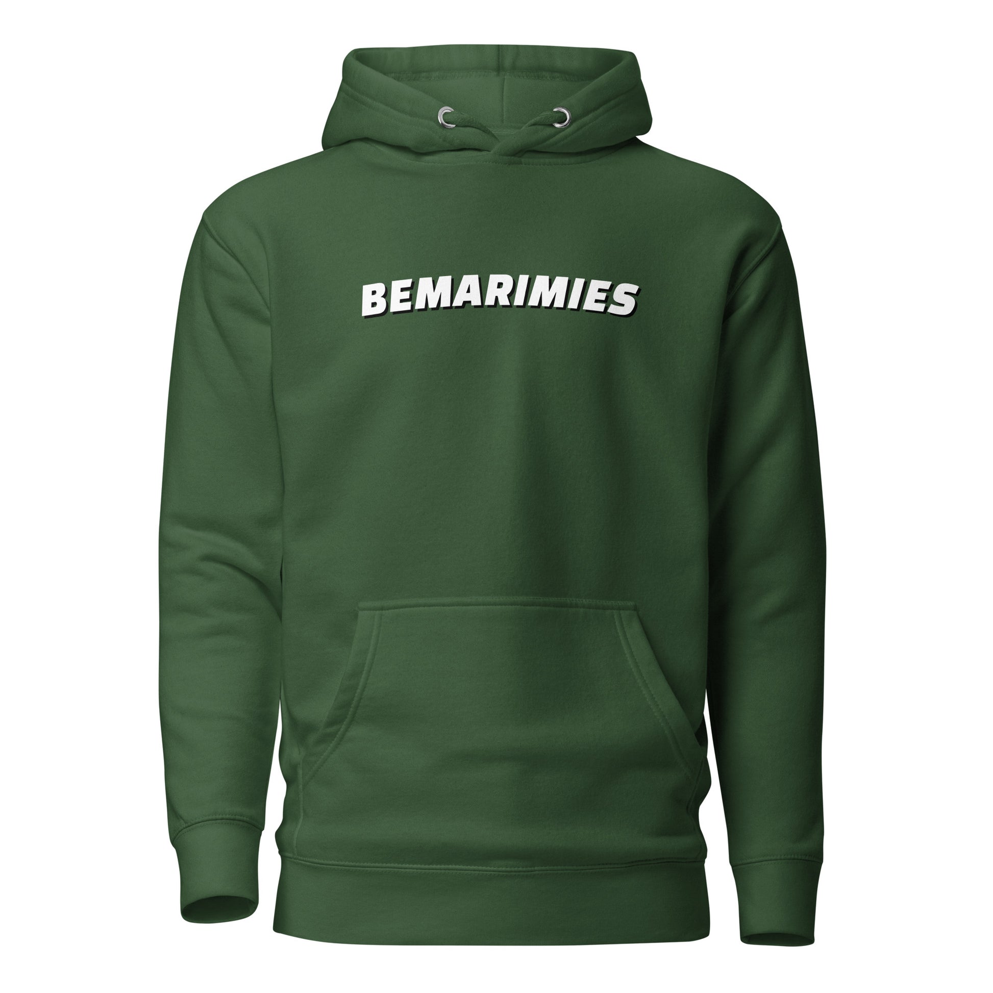 Meemirotta bemarimies huppari tummanvihreänä, jossa valkoinen teksti edessä
