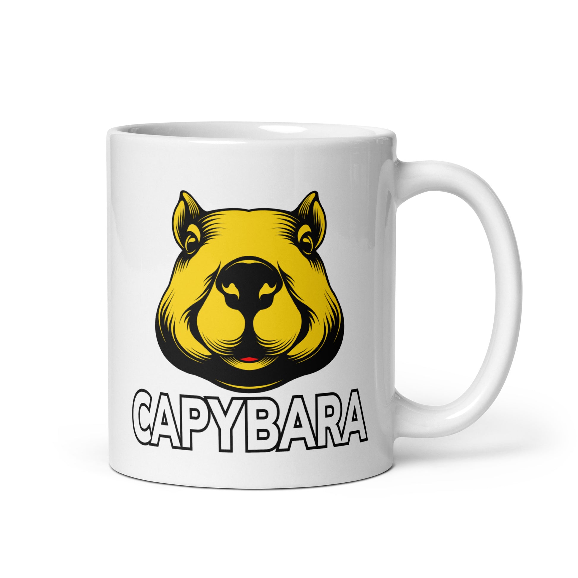 Valkoinen capybara muki kateröityllä keltaisella capybara-kuvalla ja selkeällä tekstillä