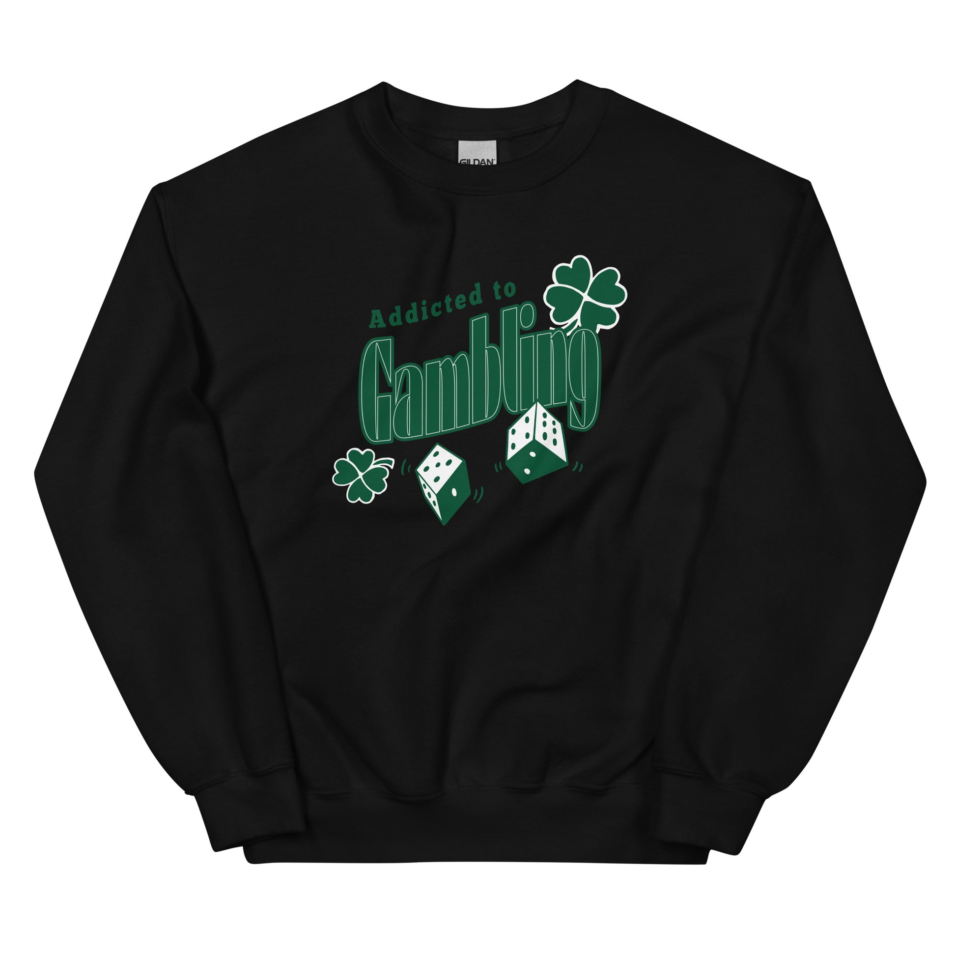 Mustat collegepusero hauska college uhkapeliteemalla, jossa on noppia ja shamrock-kuvioita.