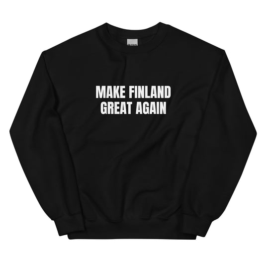 Musta collegepaita, jossa teksti Make Finland Great Again selkeästi esillä