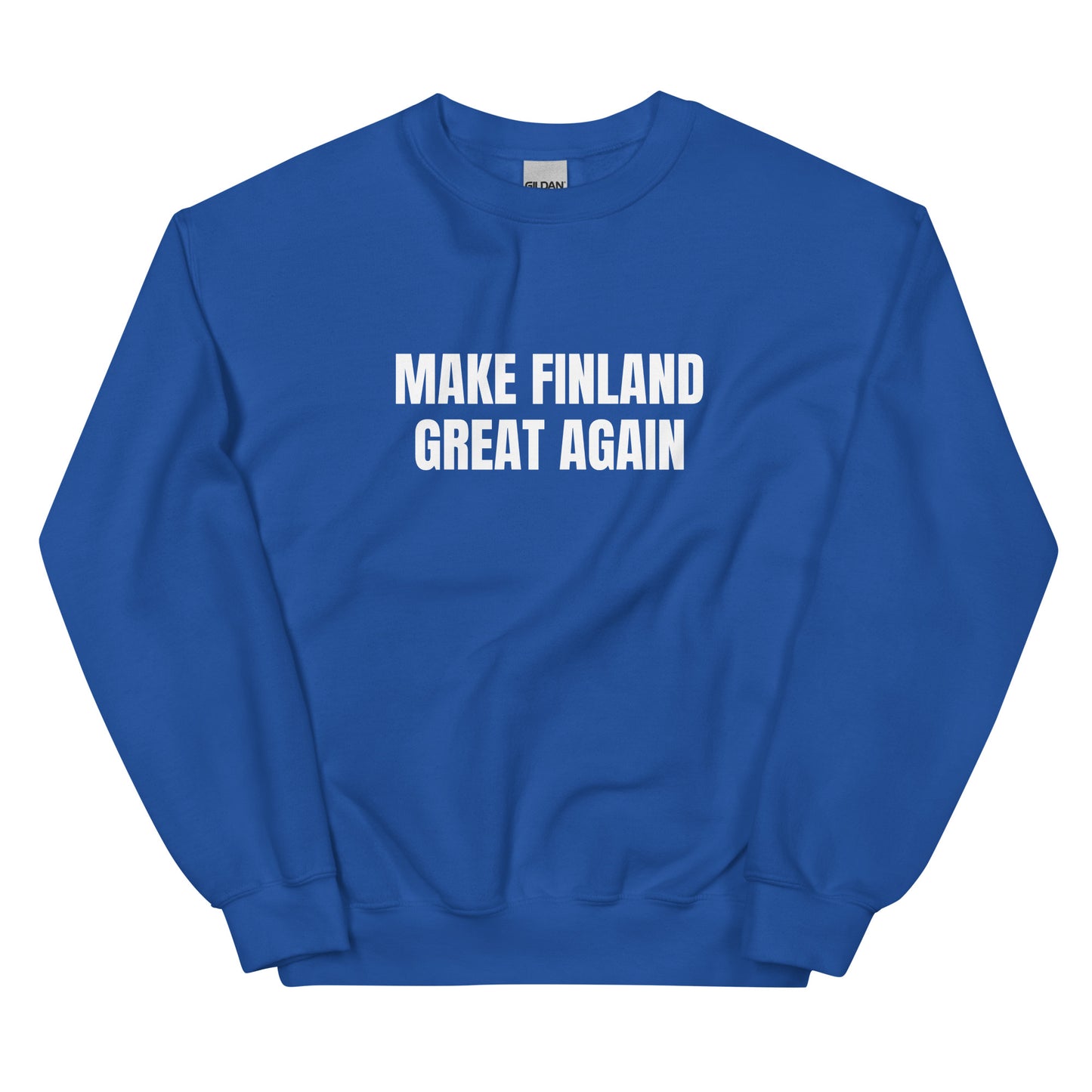 Meemirotta college, sininen pääntieton collegepaita, jossa teksti 'MAKE FINLAND GREAT AGAIN'