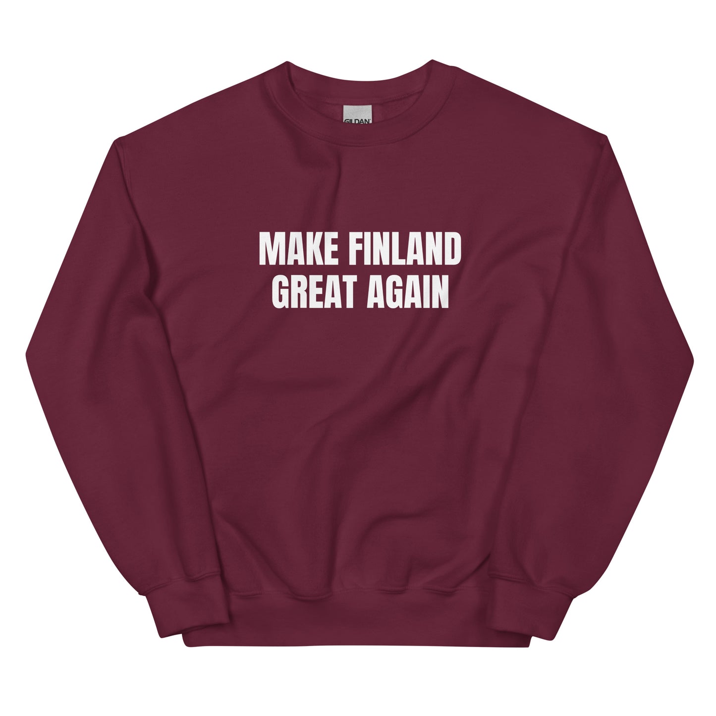 Burgundinpunainen college-paita MEE MIROTTA, jossa teksti 'Make Finland Great Again' edessä