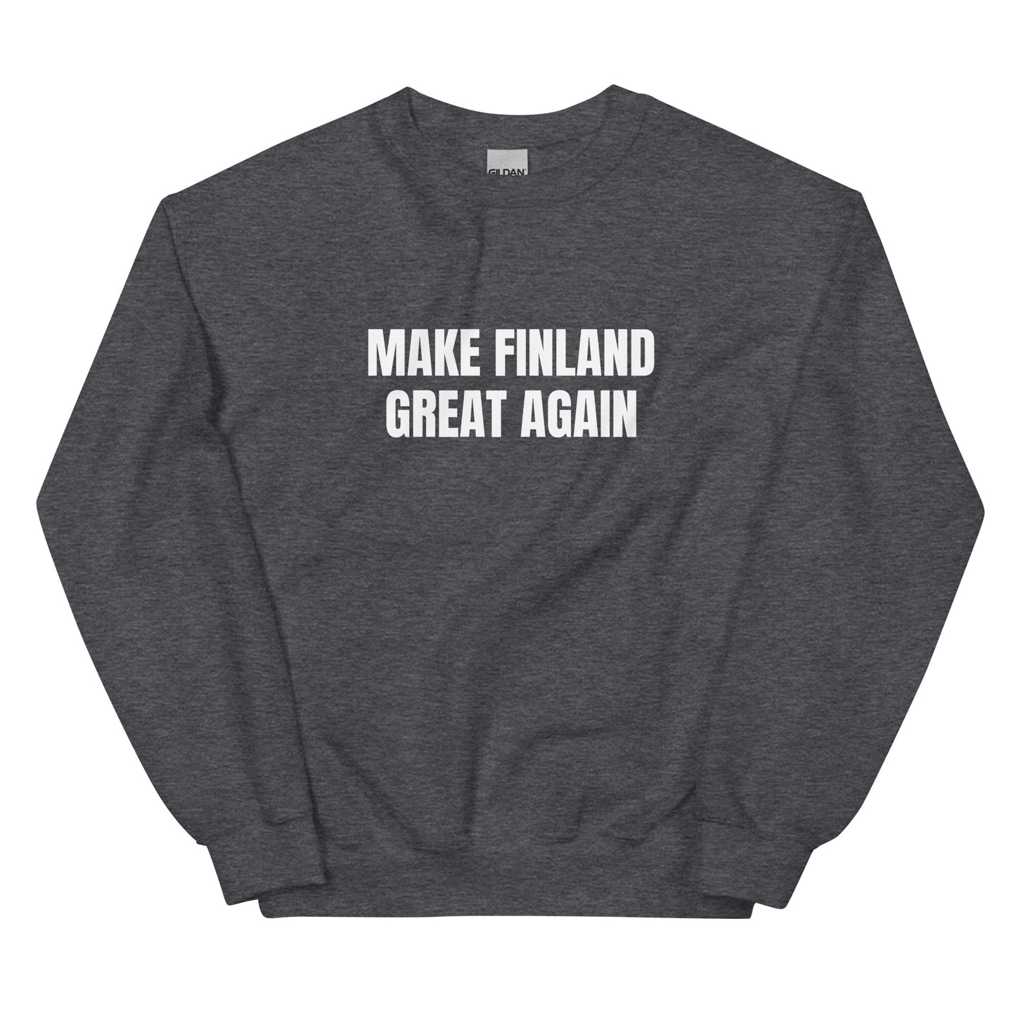 Tummaharmaa collegepaita, jossa on teksti Make Finland Great Again, Meemirotta merkiltä