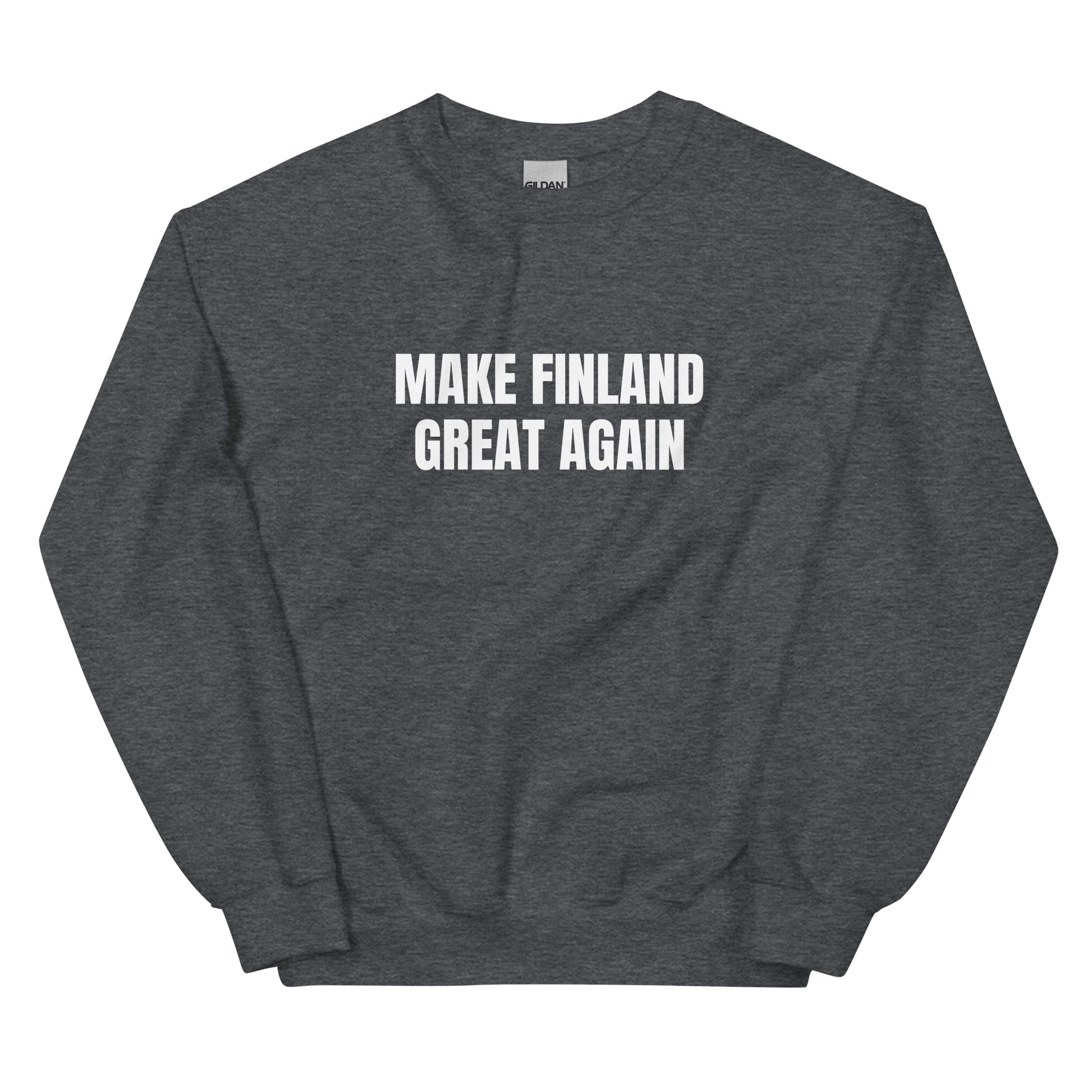 Tummaharmaa collegepaita, jossa on teksti Make Finland Great Again, Meemirotta merkiltä