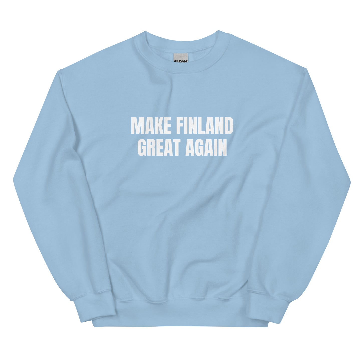 Vaaleansininen college-paita, jossa teksti Make Finland Great Again mukavaan käyttämiseen