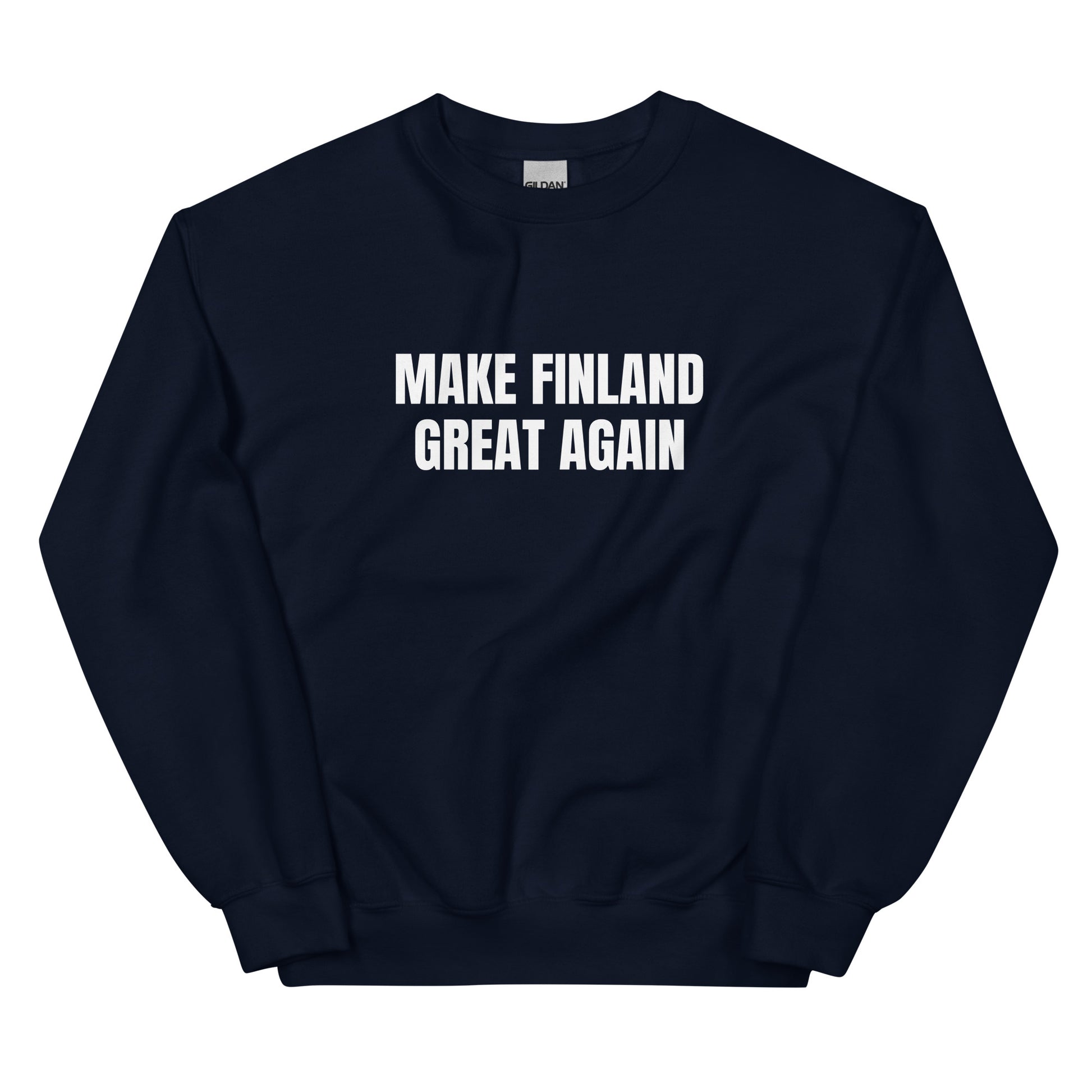 Mekaaninen college-paita, jossa teksti Make Finland Great Again, tummansininen väri