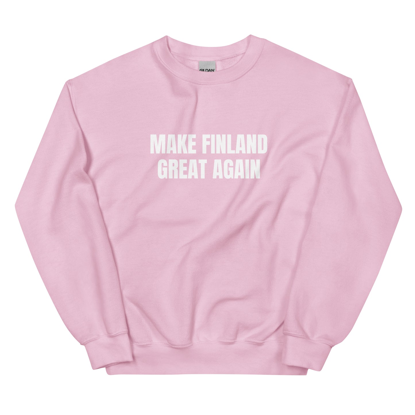 Vaaleanpunainen Meemirotta college-paita, jossa teksti Make Finland Great Again edessä.