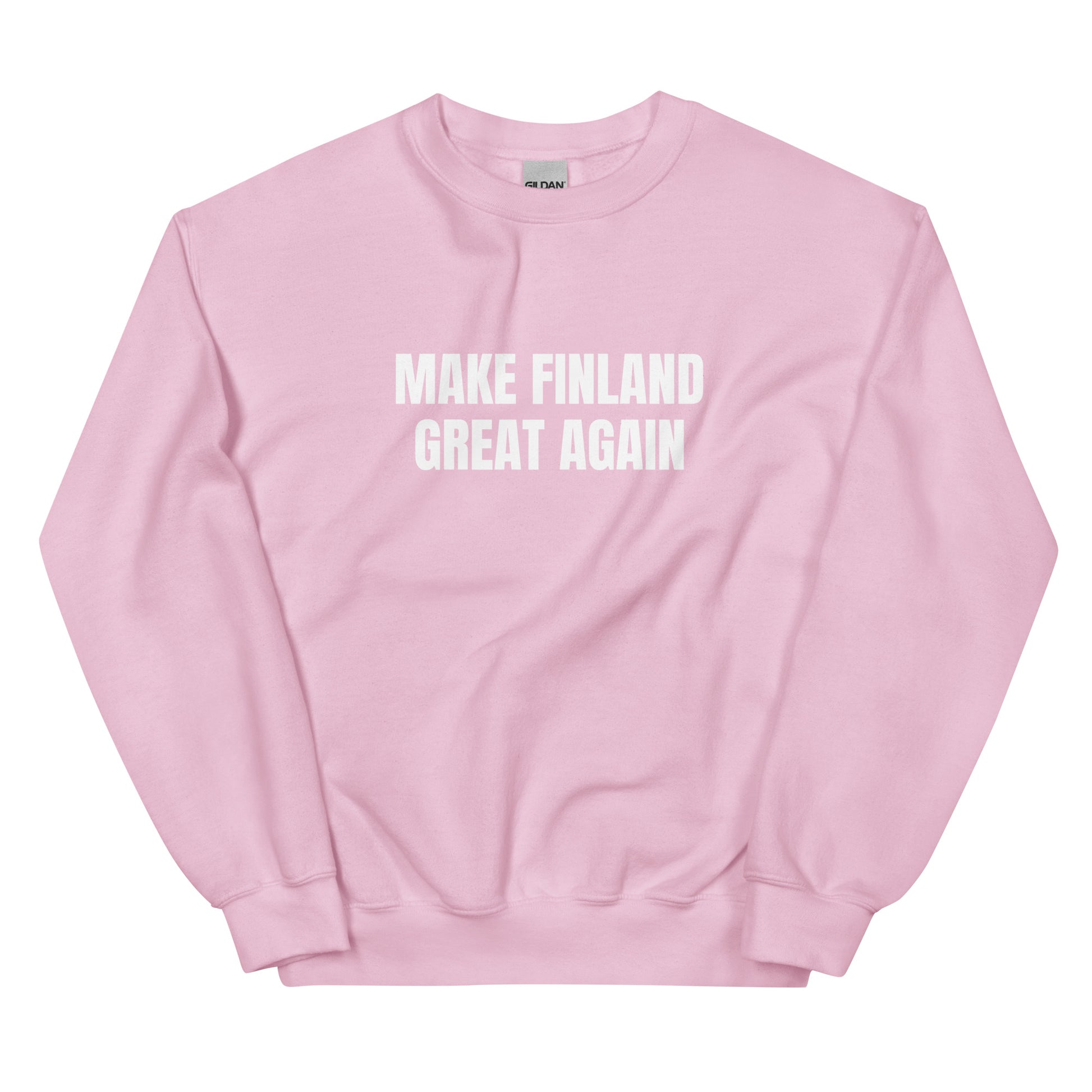 Vaaleanpunainen Meemirotta college-paita, jossa teksti Make Finland Great Again edessä.