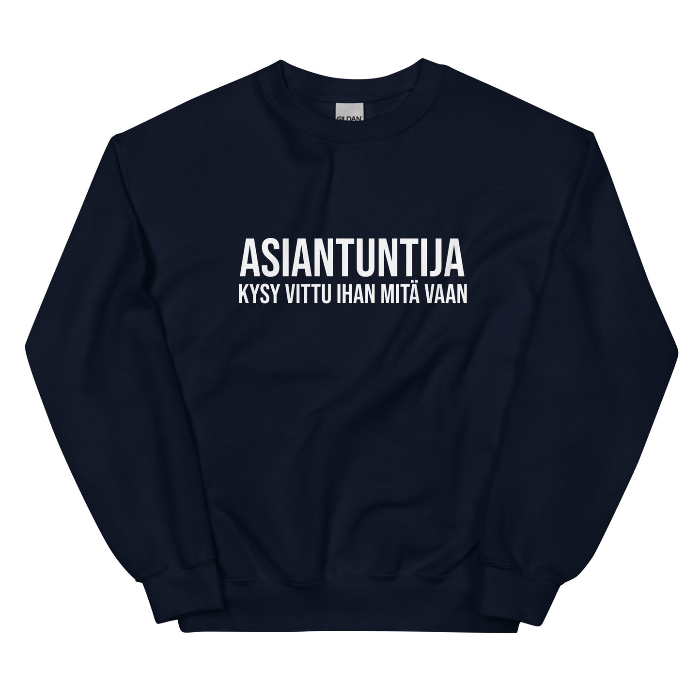 Tummansininen collegepaita Asiantuntija-tekstillä, mukava ja tyylikäs jokapäiväiseen käyttöön