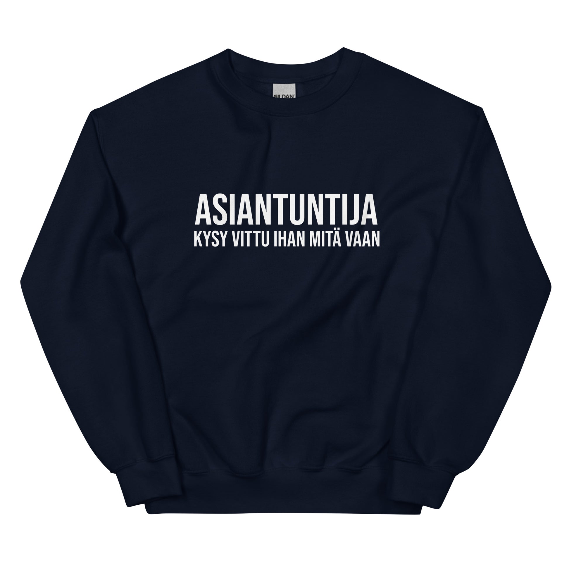Tummansininen collegepaita Asiantuntija-tekstillä, mukava ja tyylikäs jokapäiväiseen käyttöön
