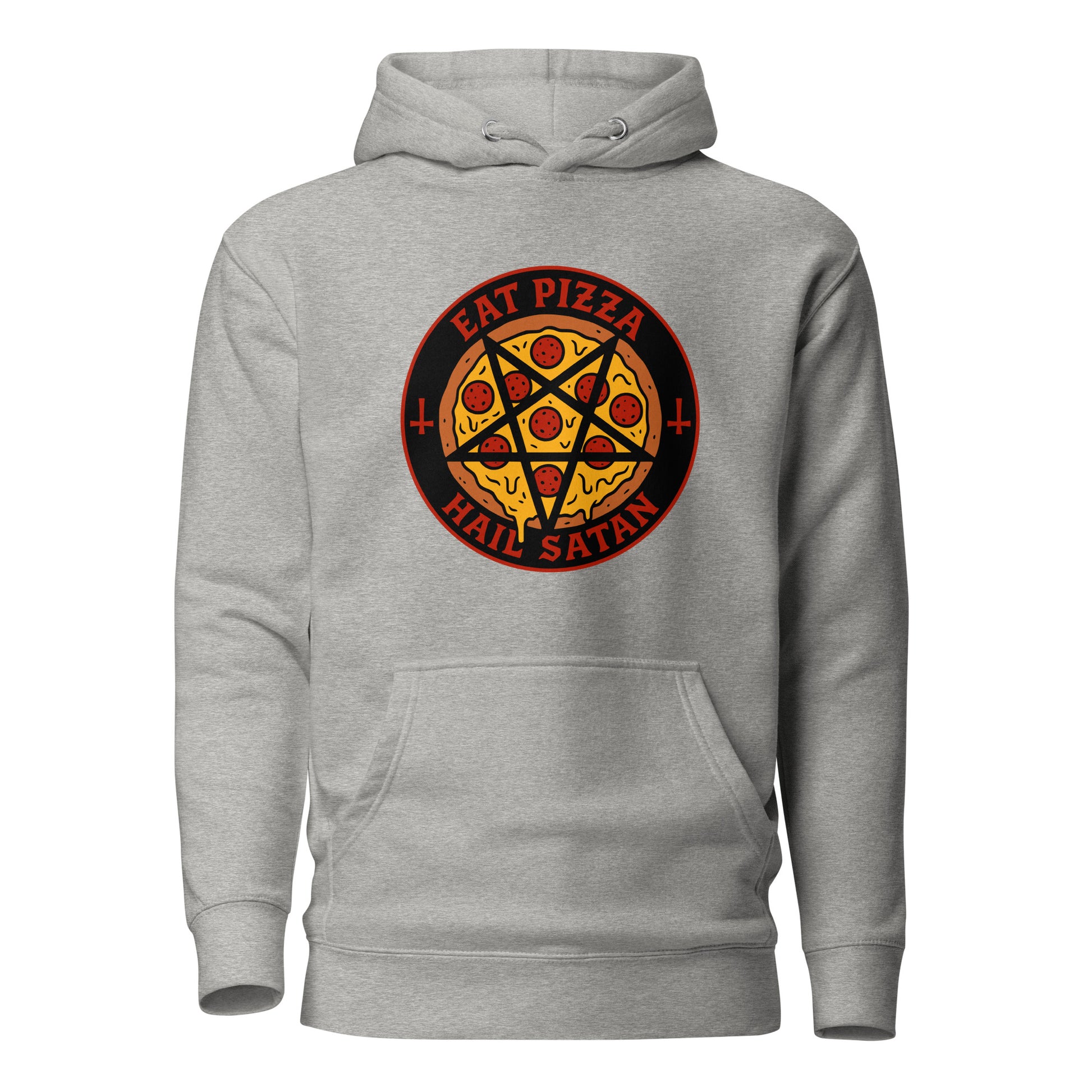 Harmaa Eat Pizza Hail Satan huppari, jossa loistaa pizzaa ja okkulttista symboliikkaa