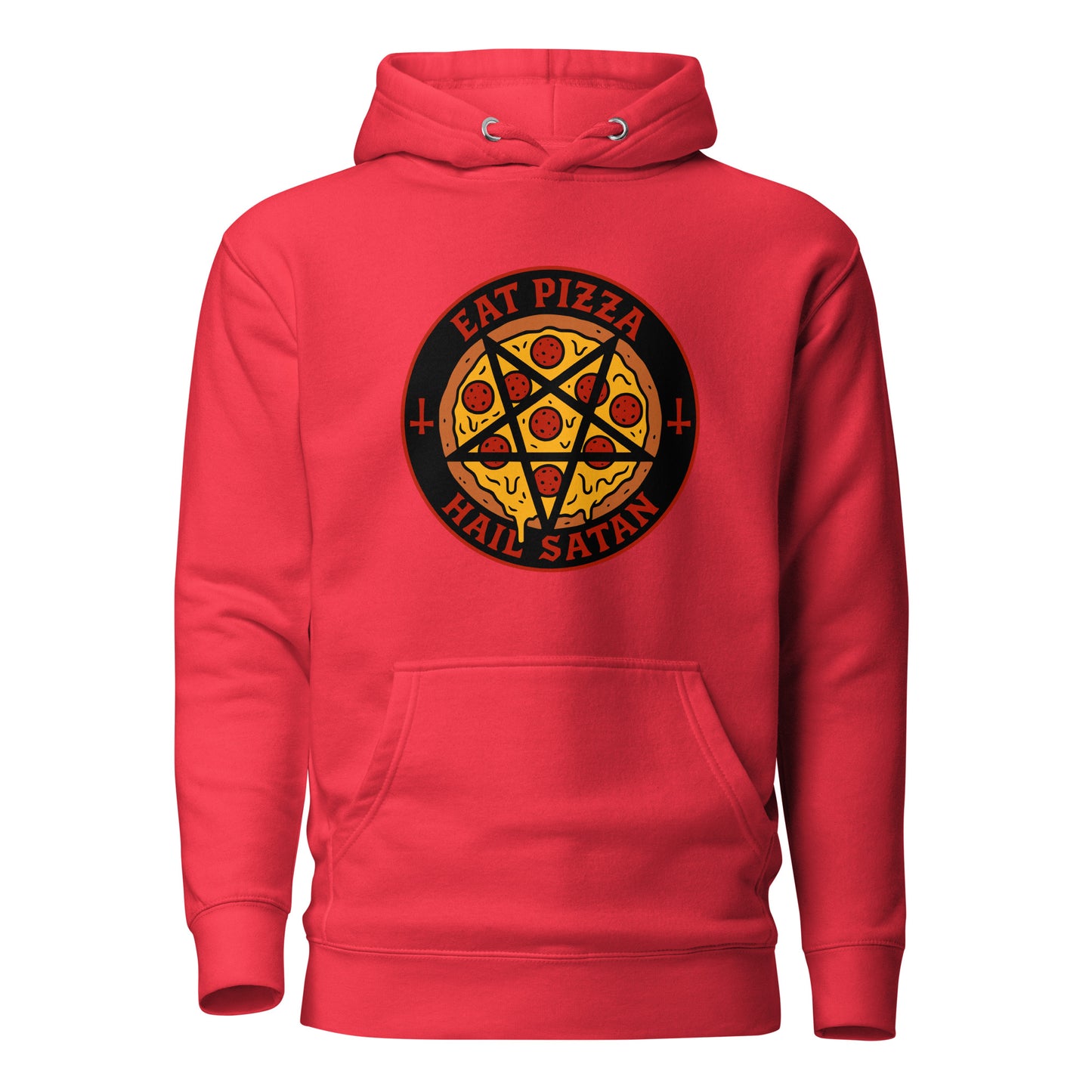 Punainen Eat Pizza Hail Satan huppari, jossa on tyylikäs painatus ja mukava leikkaus