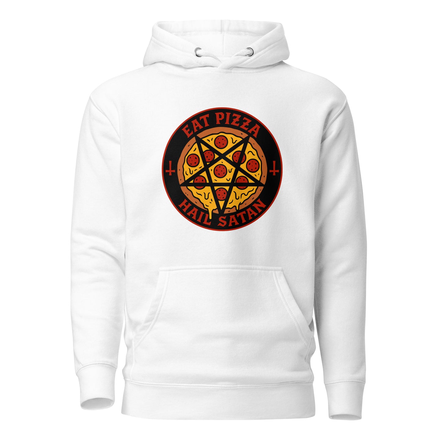 Valkoinen huppari, jossa on EAT PIZZA HAIL SATAN -logo herkullisella pizzapatriotismilla
