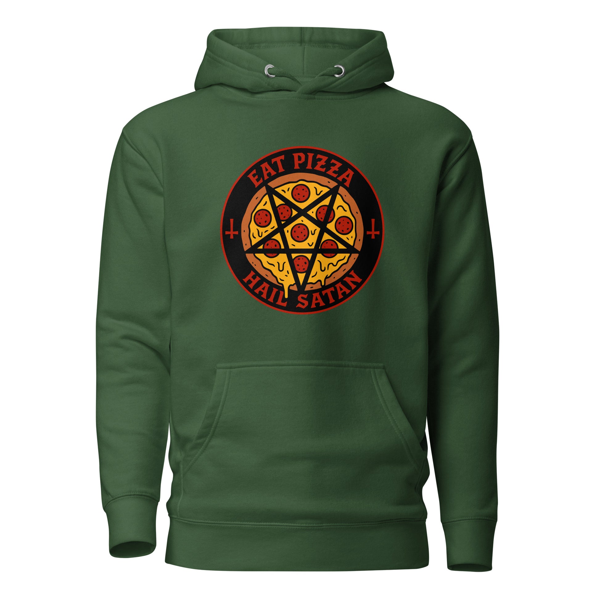 Meemirotta Eat Pizza Hail Satan huppari, vihreä malli värikkäällä painatuksella