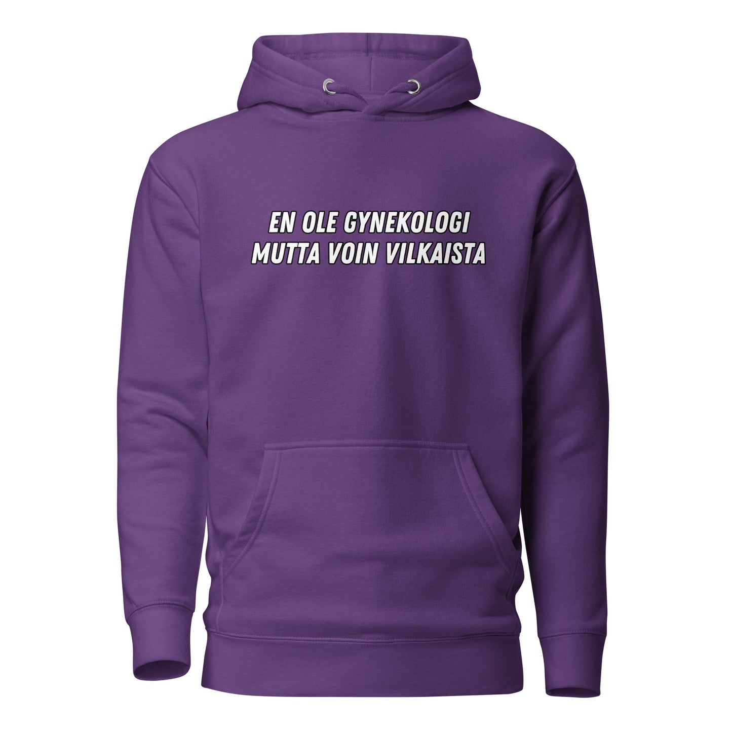 Violetti gynekologi huppari tekstillä En ole gynekologi mutta voin vilkaista