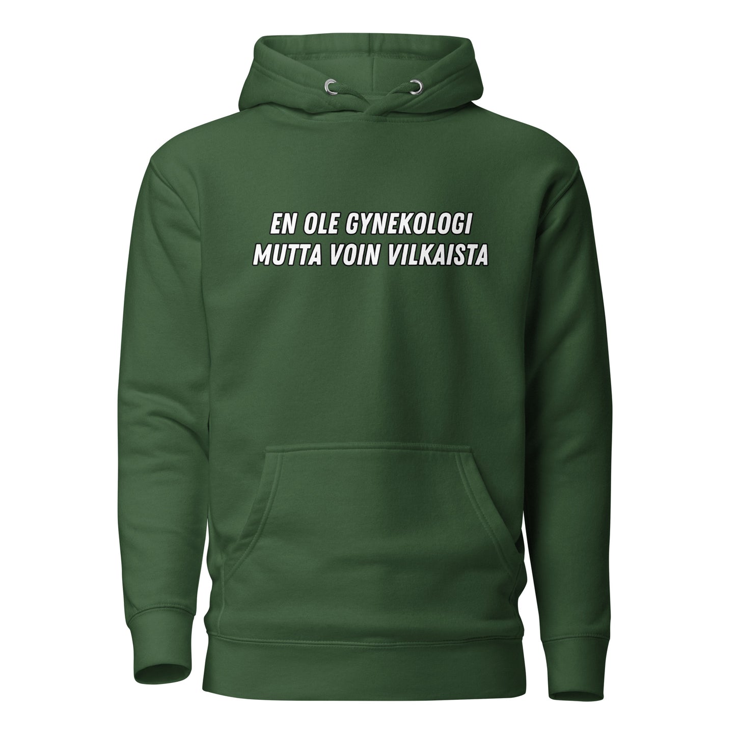 Meemirotta gynekologi huppari tummanvihreänä tekstitulostuksella edessä