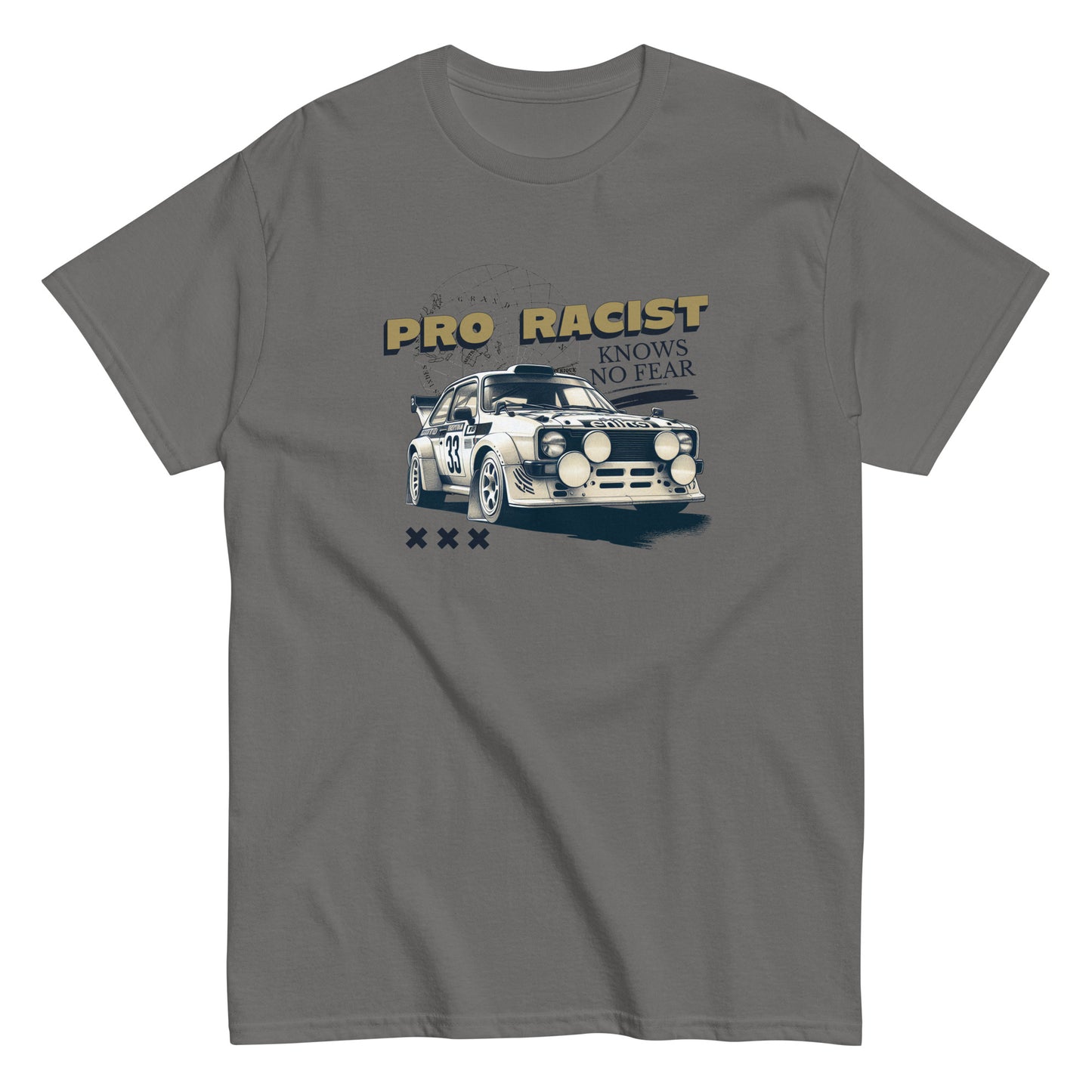 Hauska autoaiheinen t-paita Meemirotta harmaana, jossa retroauto ja teksti 'PRO RACIST knows no fear'.