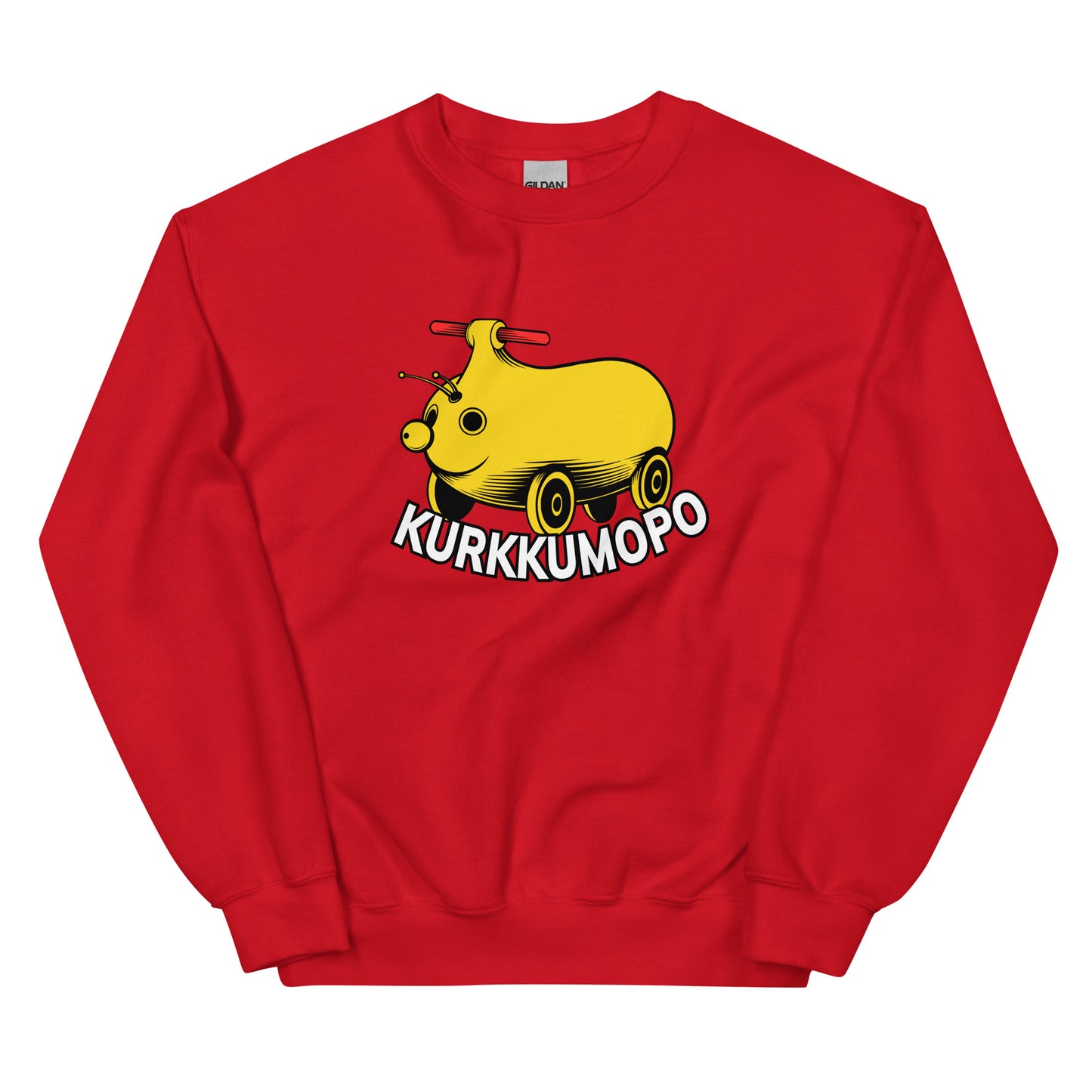 Hauska college punaisella pohjalla, jossa on keltainen Kurkkumopo -grafiikka edessä
