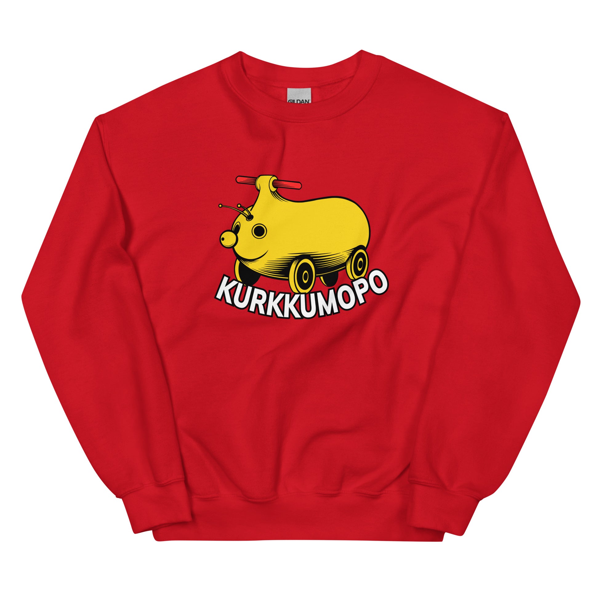Hauska college punaisella pohjalla, jossa on keltainen Kurkkumopo -grafiikka edessä