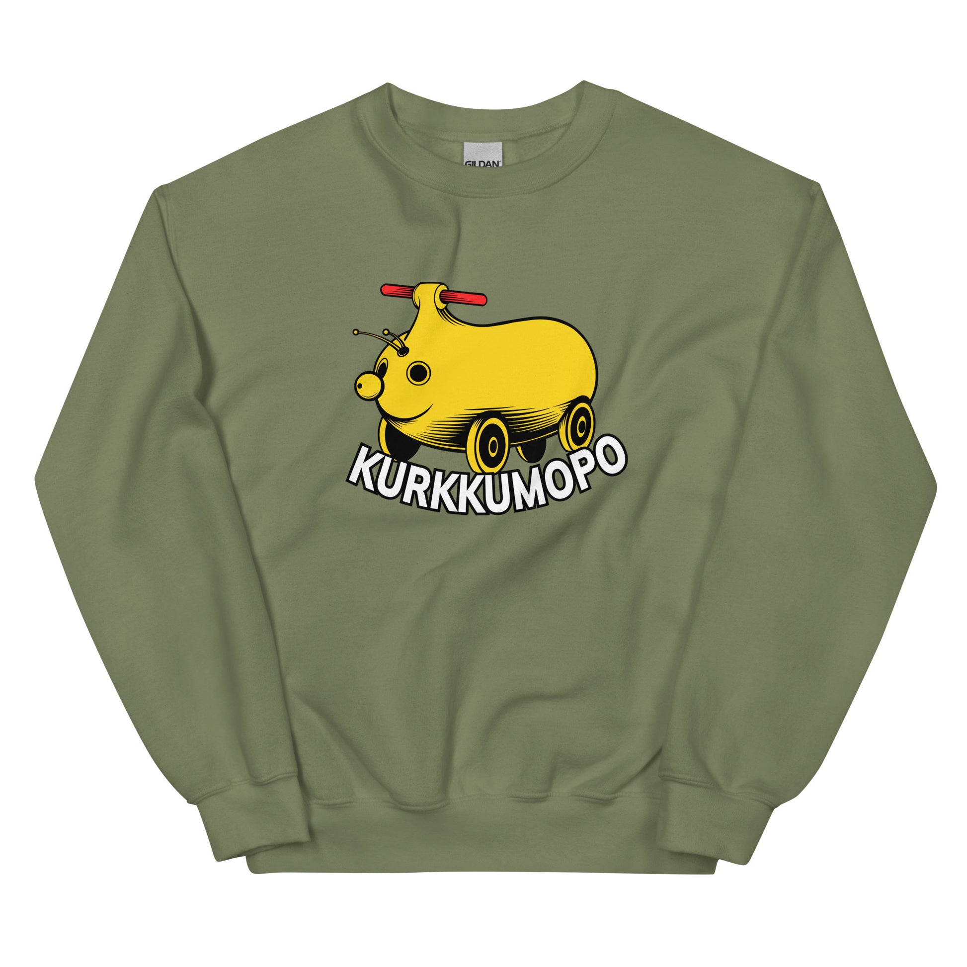 Hauska college, jossa on Kurkkumopo-kuvitus ja vihreä tausta, mukava ja tyylikäs valinta.