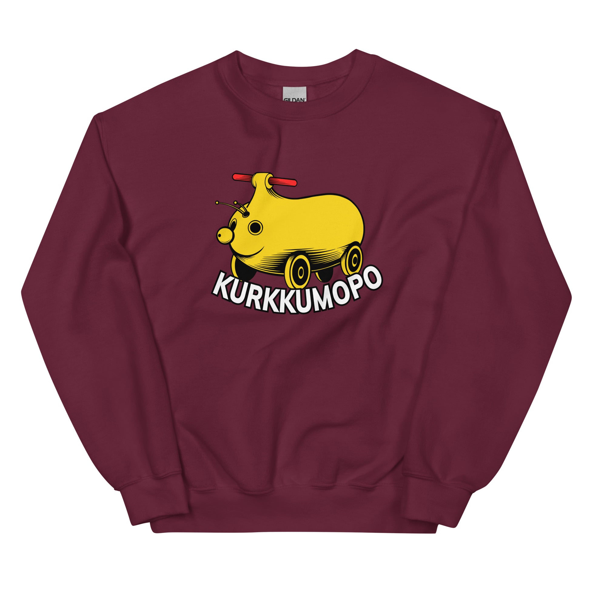 Hauska college pusero, jossa on keltainen kurkkumopo ja kirjaimet Kurkkumopo
