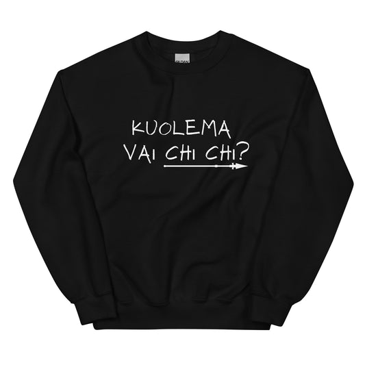 Mustassa hauska collegepaidassa on valkoinen teksti Kuolema vai chi chi?