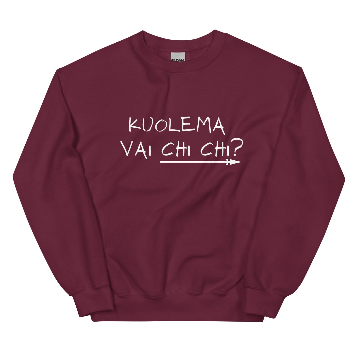 Bordeaux-värinen hauska collegepaita, jossa teksti Kuolema vai Chi Chi?