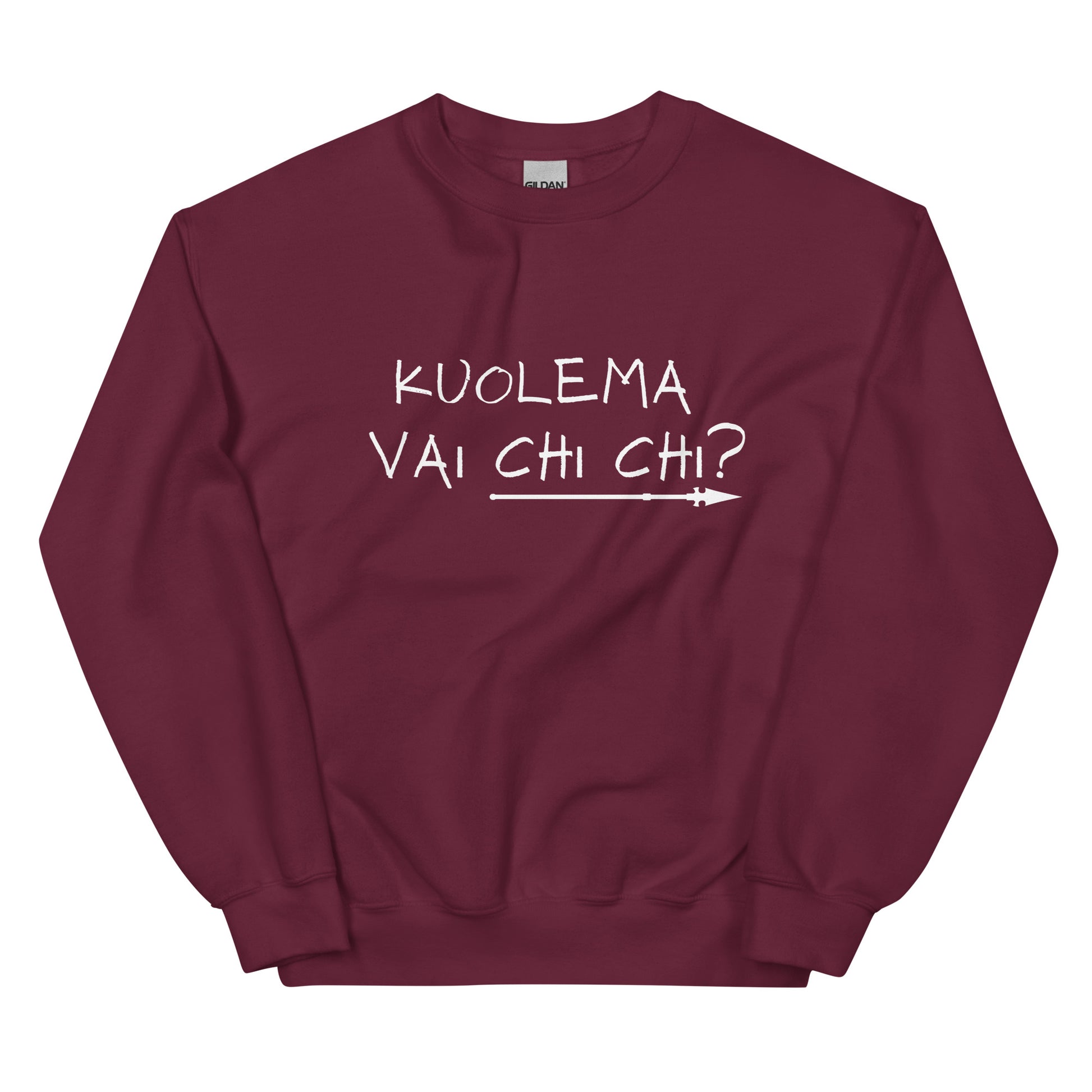 Bordeaux-värinen hauska collegepaita, jossa teksti Kuolema vai Chi Chi?