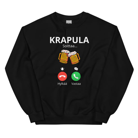 Hauska collegepaita, jossa grafiikka krapulasta ja puhelinsoitosta olutlasien kanssa