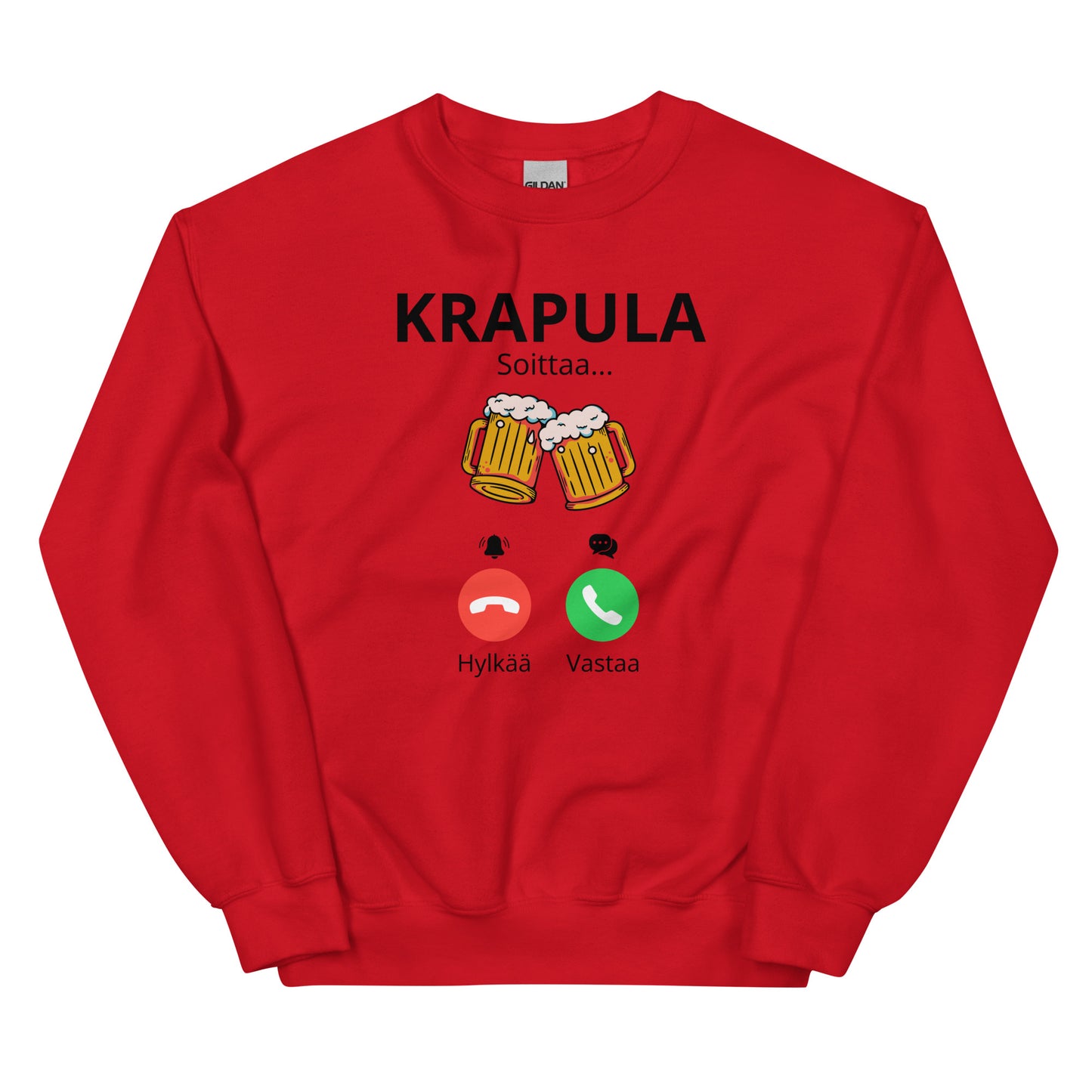 Hauska collegepaita punaisella pohjalla, jossa on grafiikka ja teksti Krapula Soittaa