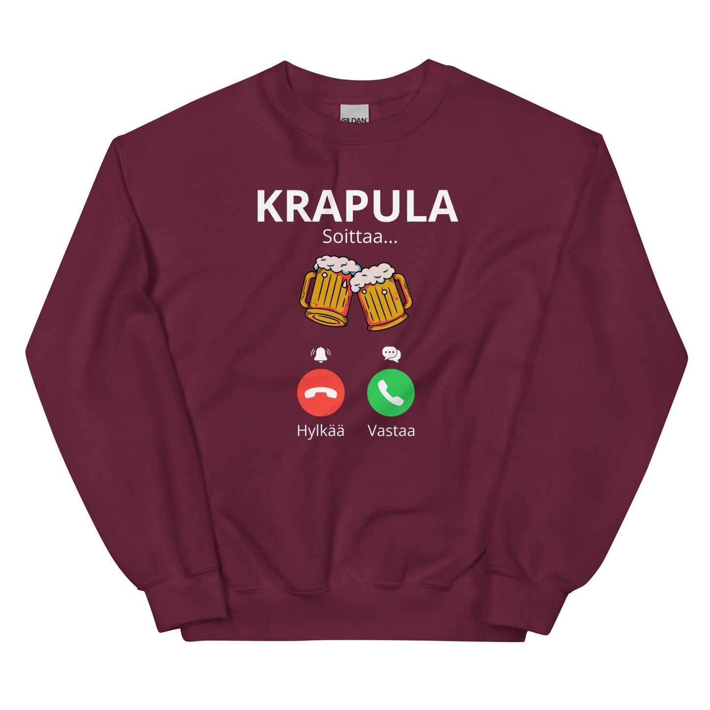Hauska collegepaita punaisella taustalla, jossa krapula-aiheinen graafinen printti.