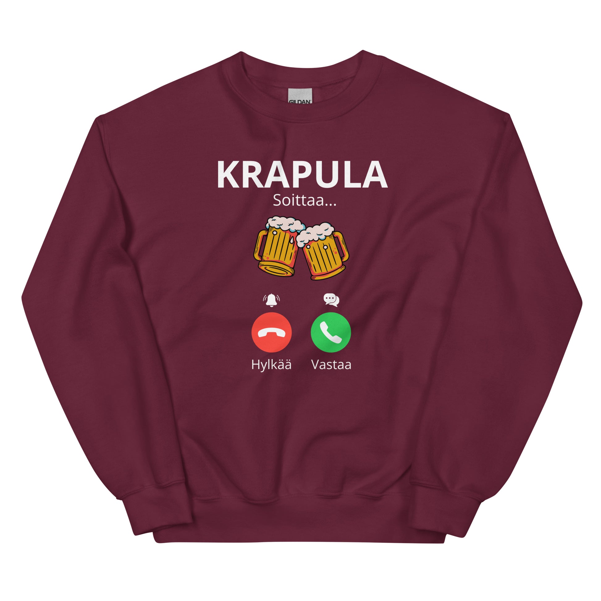 Hauska collegepaita punaisella taustalla, jossa krapula-aiheinen graafinen printti.