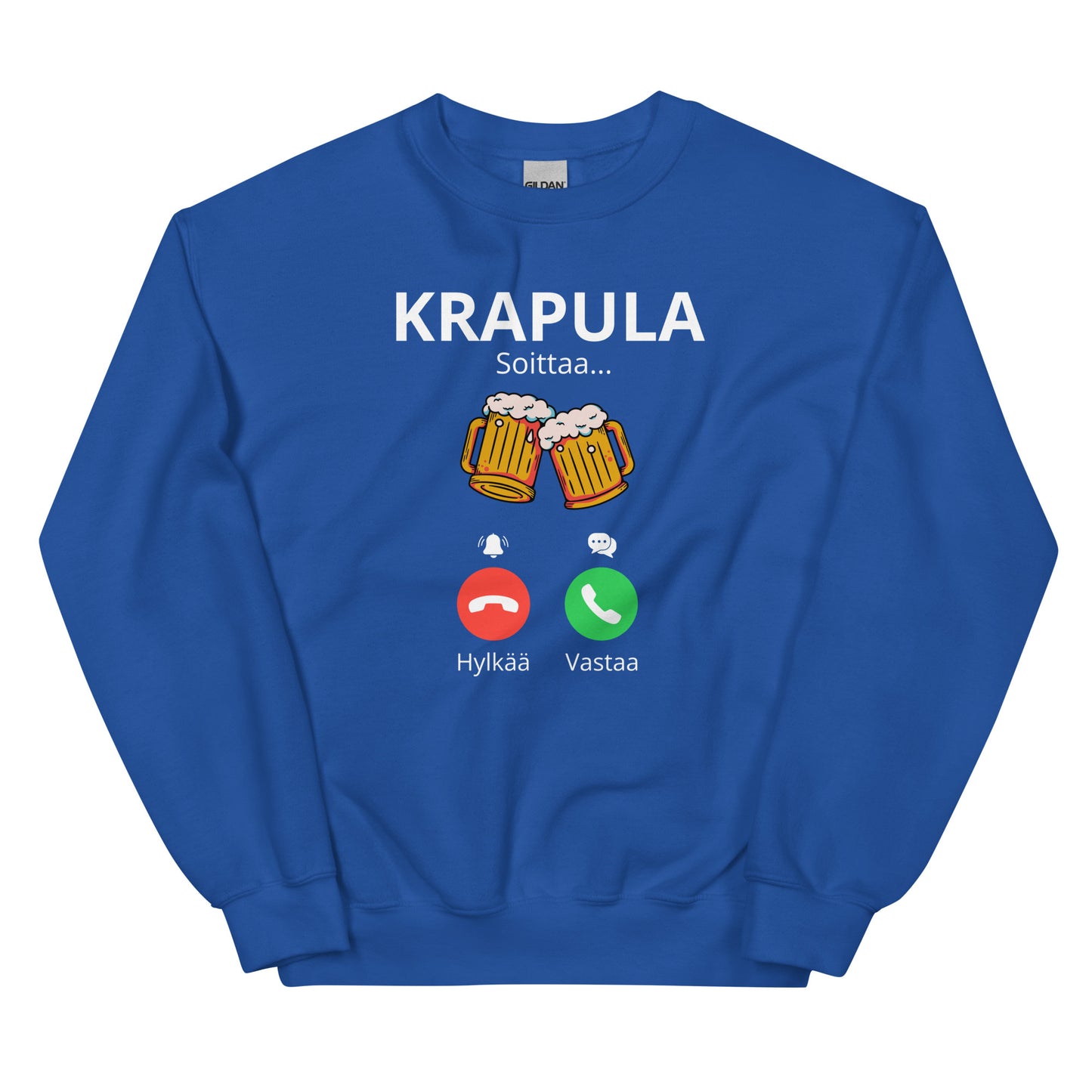 Hauska collegepaita Krapula tekstillä ja olutruokien kuvilla sinisessä värissä
