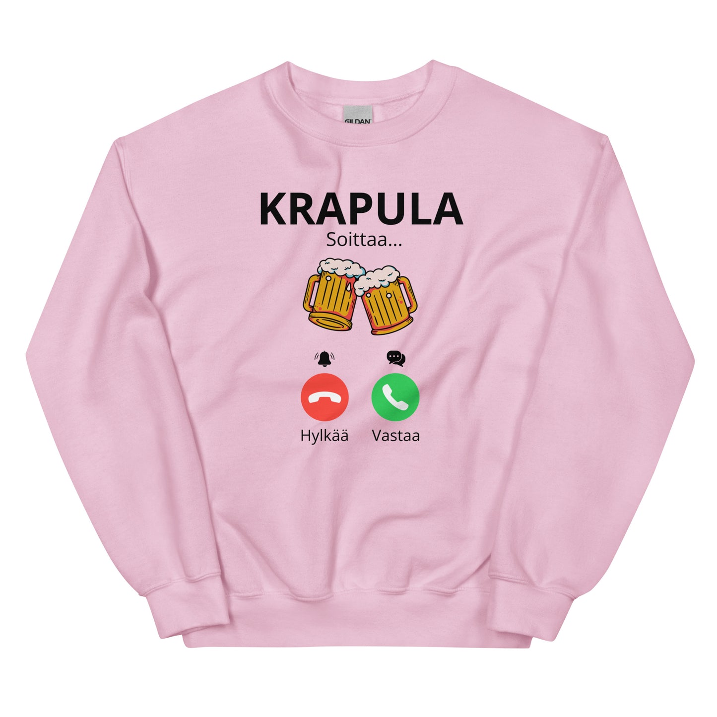 Hauska collegepaita vaaleanpunaisella värillä, jossa oluthanapainike ja teksti Krapula Soittaa