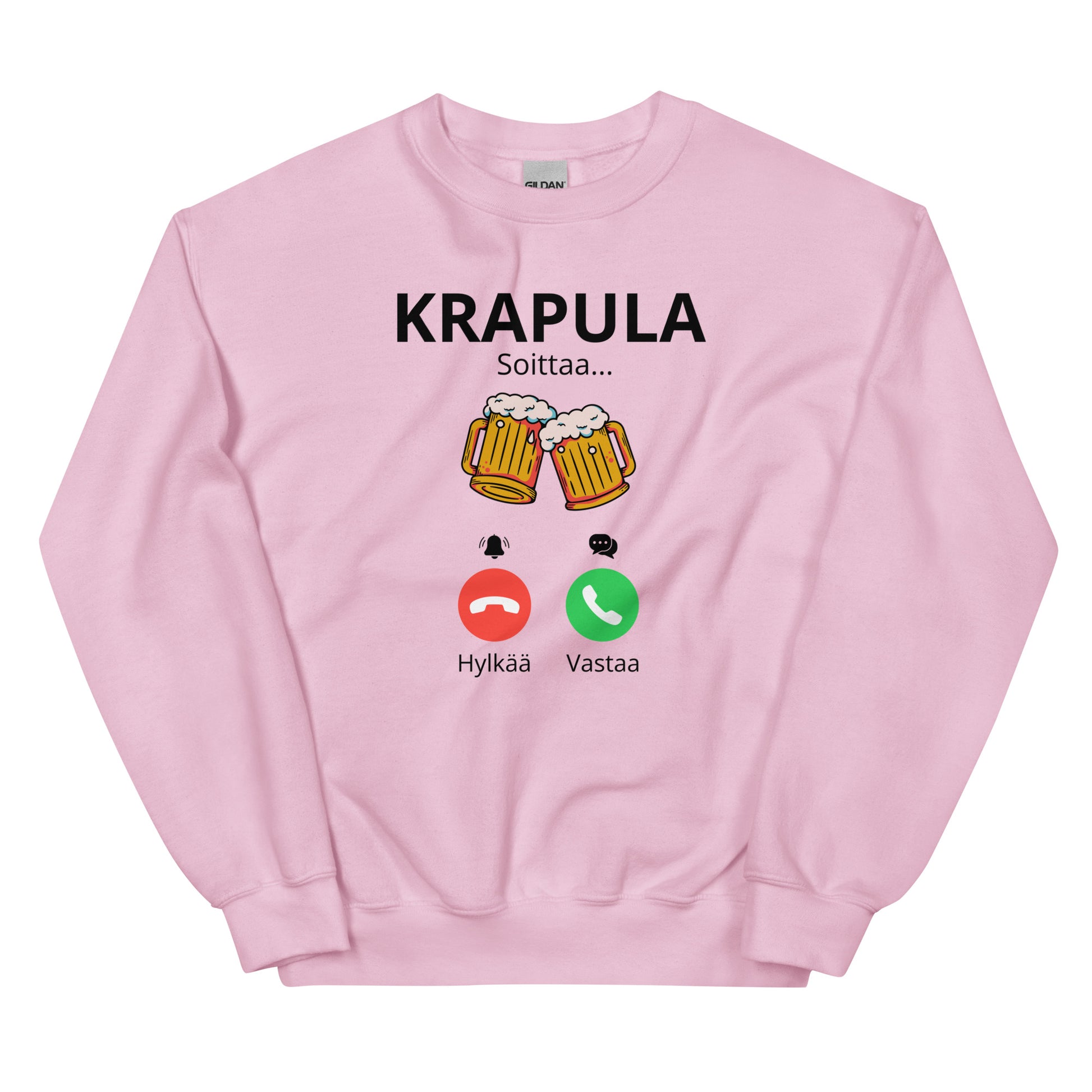 Hauska collegepaita vaaleanpunaisella värillä, jossa oluthanapainike ja teksti Krapula Soittaa