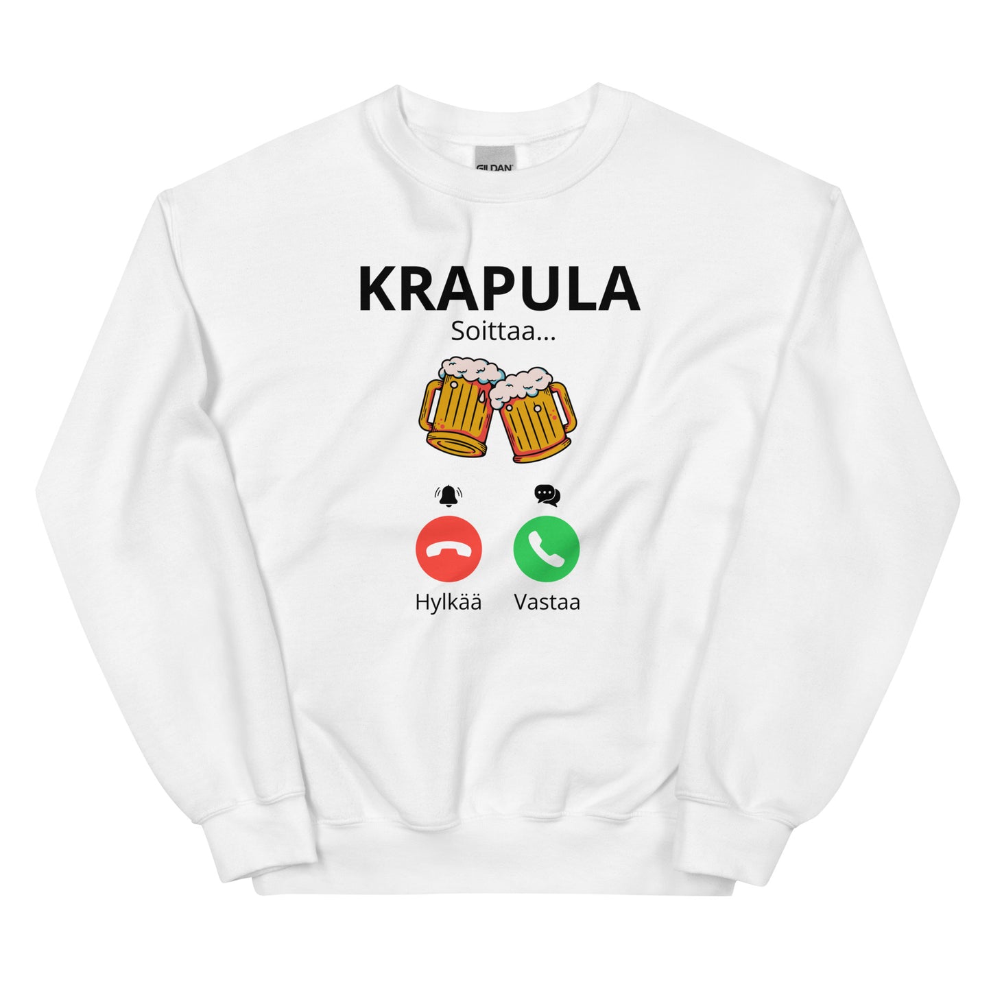 Hauska collegepaita, jossa on hauska Krapula-teema ja puhelinsymboli
