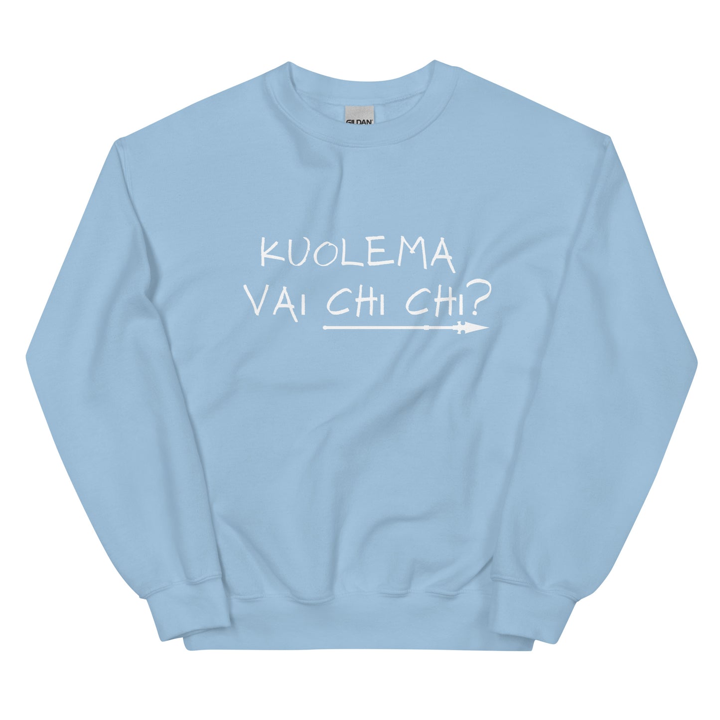 Meemirotta hauska collegepaita sinisessä värissä, jossa on teksti Kuolema vai Chi Chi?