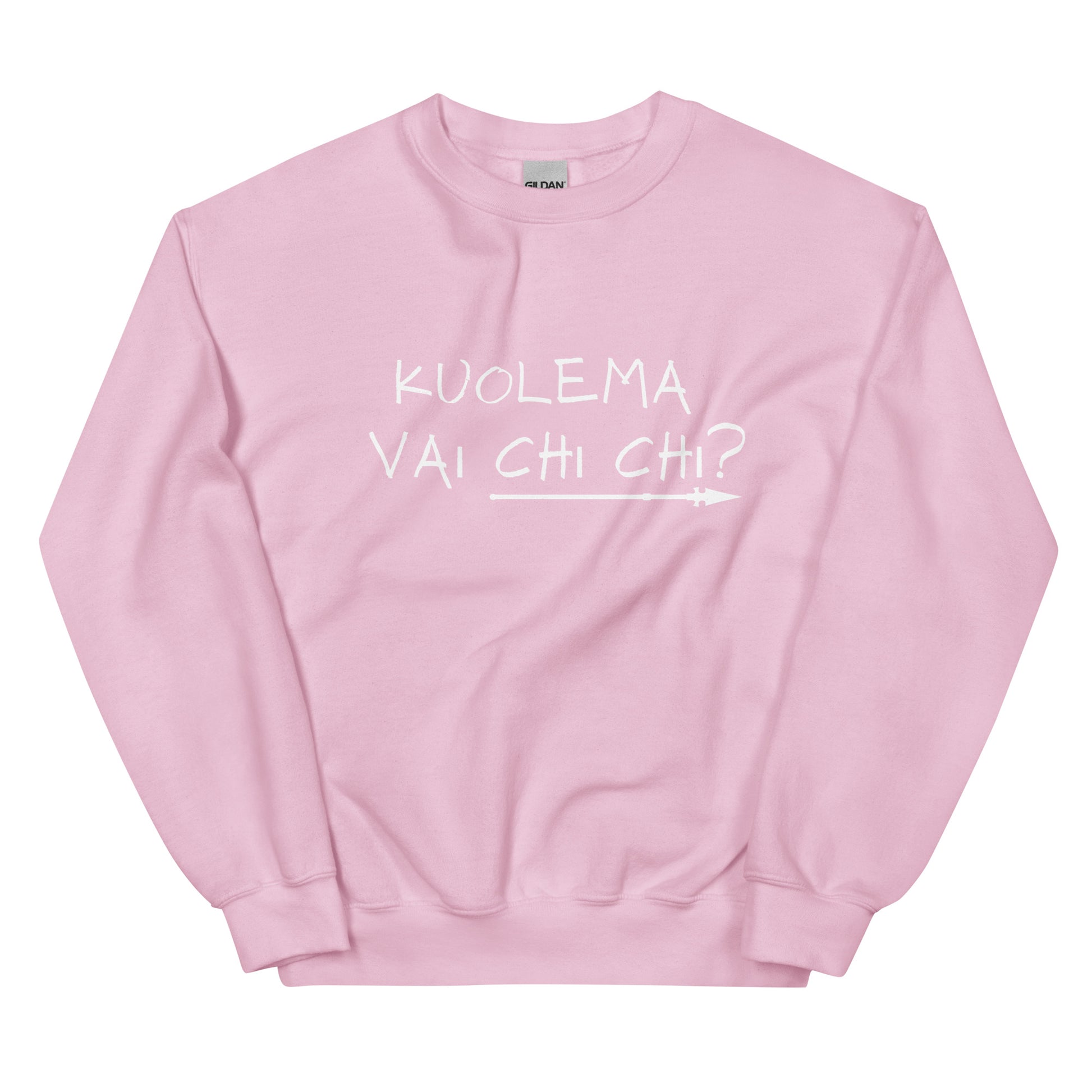 Vaaleanpunainen hauska collegepaita, jossa on teksti Kuolema vai chi chi?