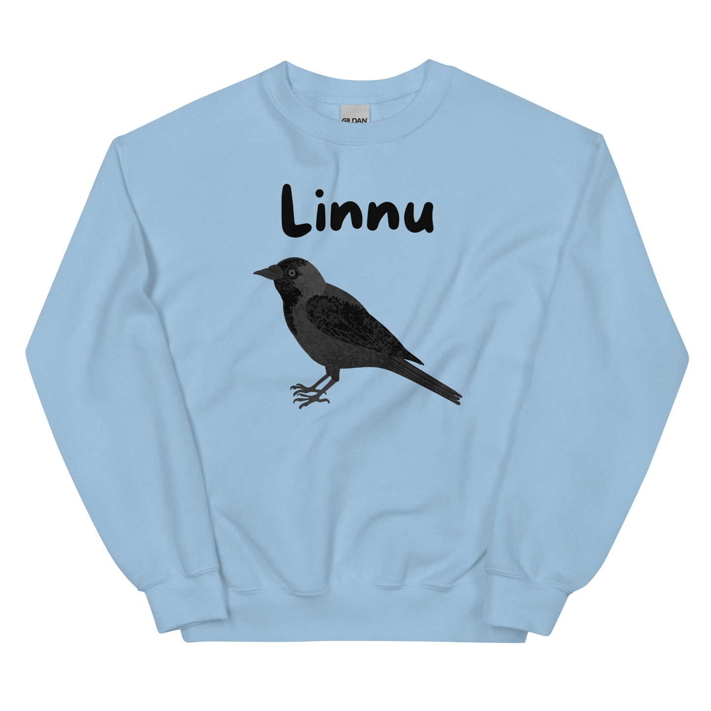 Sininen hauska collegepaita, jossa musta lintu ja teksti Linnu edessä